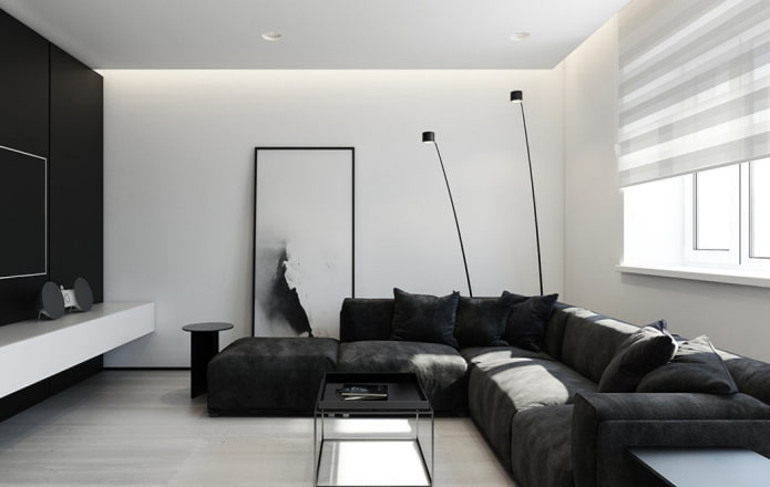 ruang tamu dalam warna hitam dan putih dengan gaya minimalis