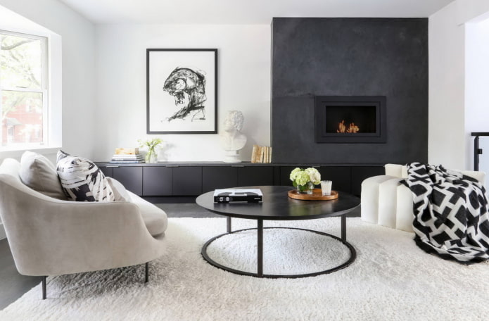 Diseño de interiores de sala de estar en blanco y negro.