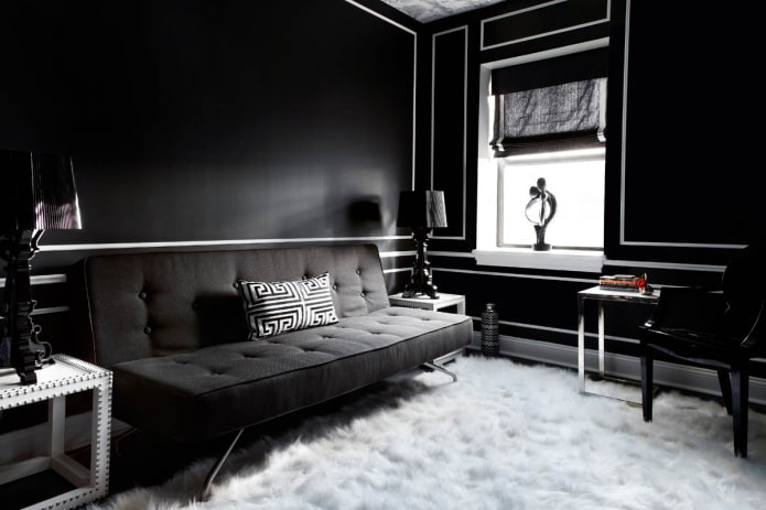 dekorácia obývacej izby v čiernej a bielej farbe