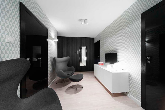 Diseño de interiores de sala de estar en blanco y negro.