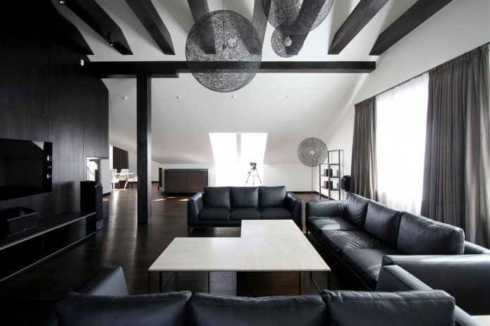 sala d'estar en estil loft en blanc i negre