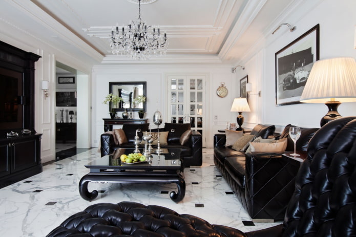 sala de estar en estilo neoclásico blanco y negro