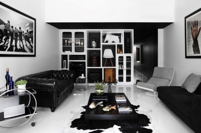 interior de la sala de estar en blanco y negro