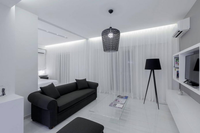 design interiéru obývacího pokoje v černé a bílé barvě
