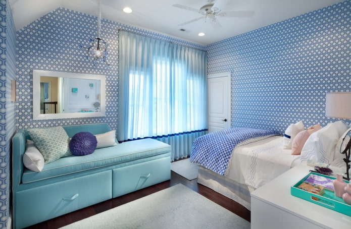 trang trí nội thất của nhà trẻ với tông màu xanh lam