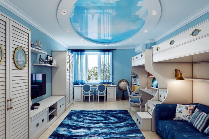 cameră albastră pentru copii în stil marin