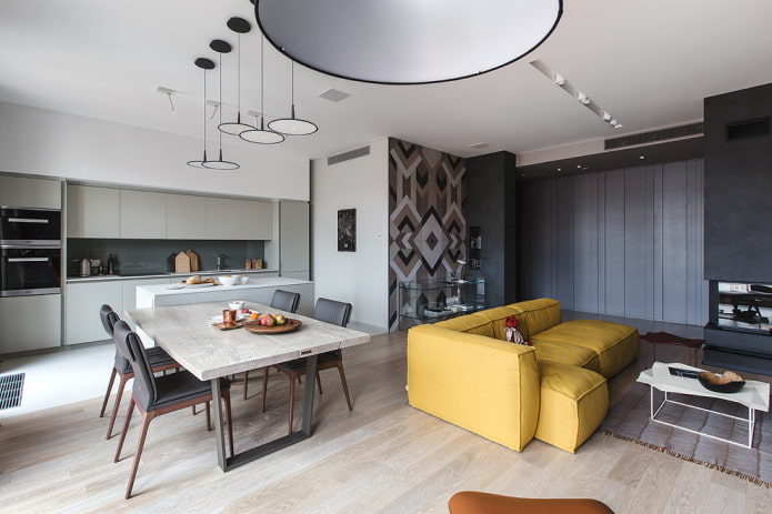 interior design della cucina con soggiorno e sala da pranzo