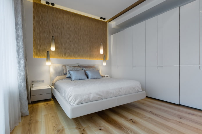 minimalistinio stiliaus baldai miegamojo interjere