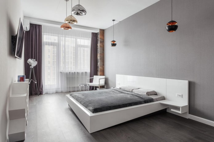 apšvietimas miegamojo interjere minimalistinio stiliaus