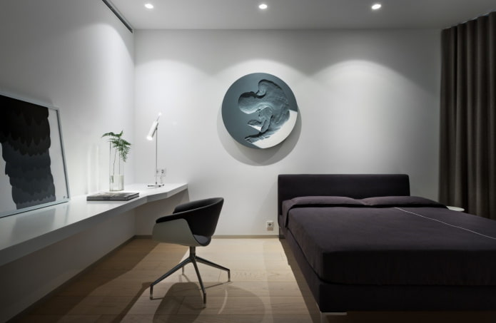 indretning i det indre af soveværelset i en minimalistisk stil