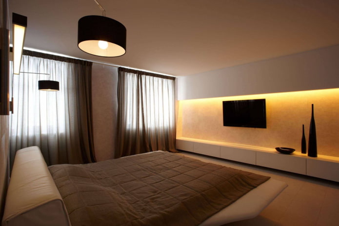 iluminare în interiorul dormitorului într-un stil minimalist