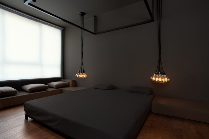 valaistus makuuhuoneen sisustuksessa minimalistisella tyylillä