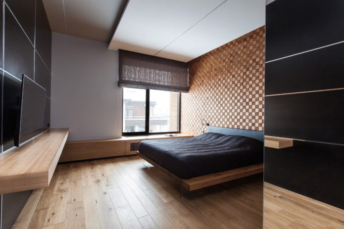 tekstil di bahagian dalam bilik tidur dengan gaya minimalis