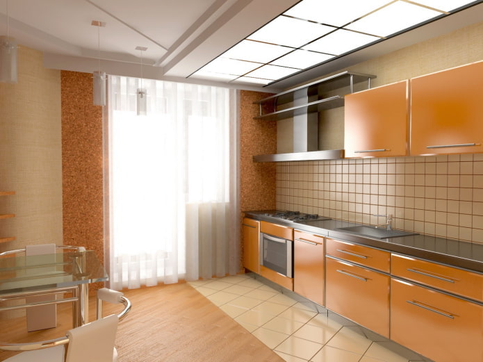 køkkenindretning i beige og orange farver