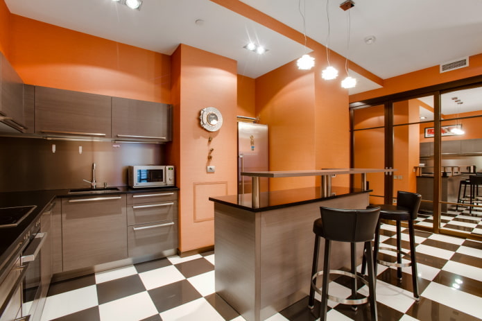 εσωτερικό κουζίνας σε πορτοκαλί-καφέ αποχρώσεις