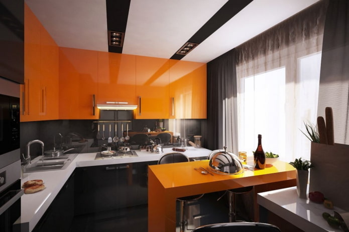 rohová kuchyň v oranžových barvách