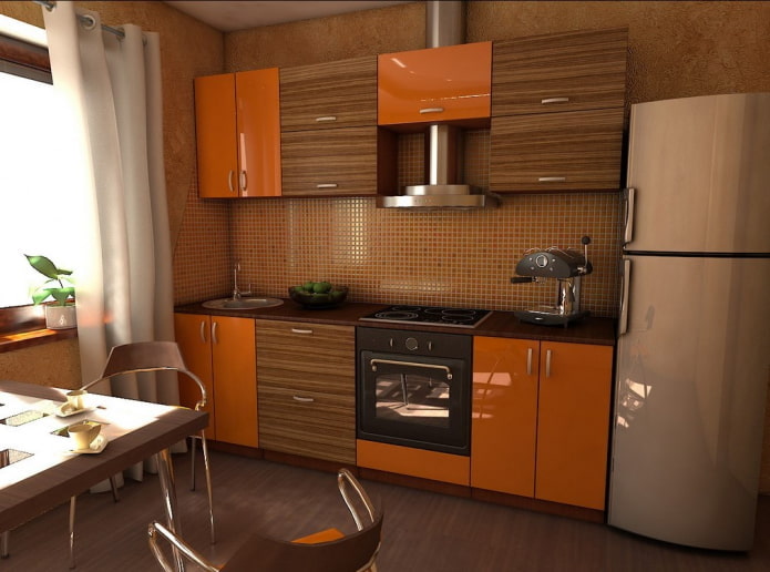 interior bucătărie în tonuri portocaliu-maroniu