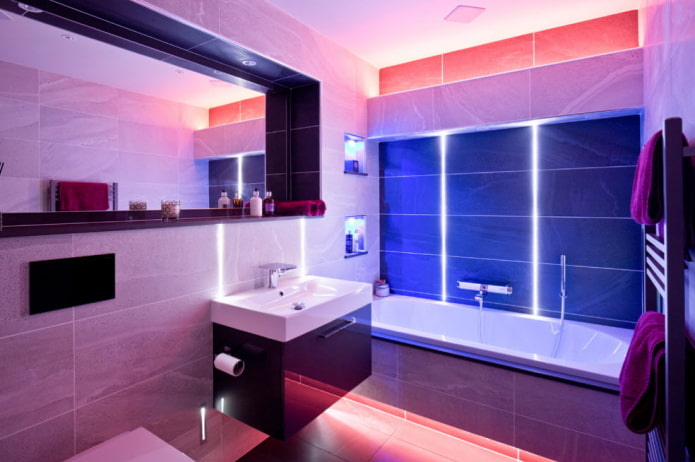 dekoratīvs apgaismojums vannas istabas interjerā