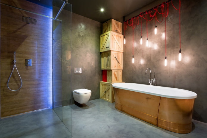 apgaismojums vannas istabas interjerā bēniņu stilā