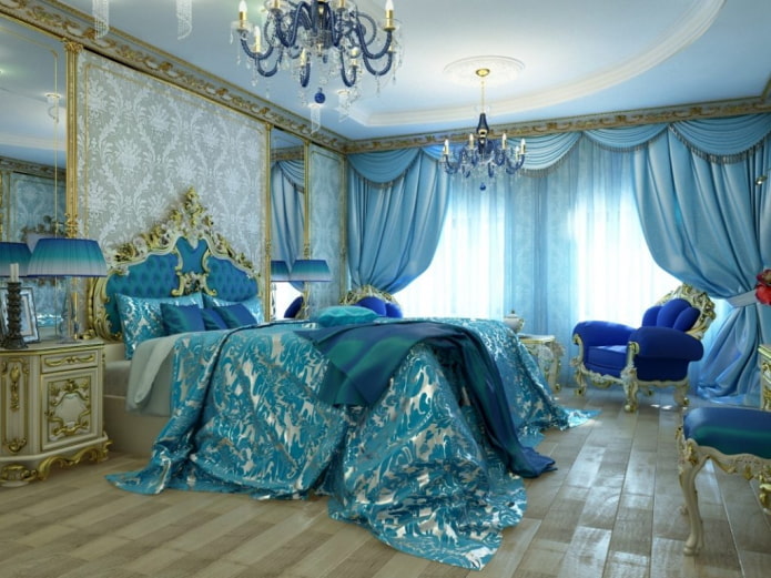 miegamojo interjeras auksiniais ir mėlynais atspalviais