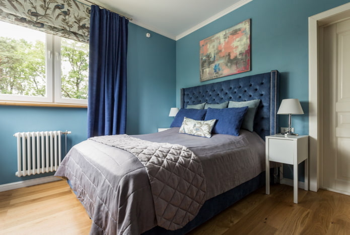 interni blu e blu della camera da letto