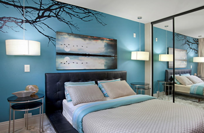 modernaus stiliaus mėlyno miegamojo interjeras