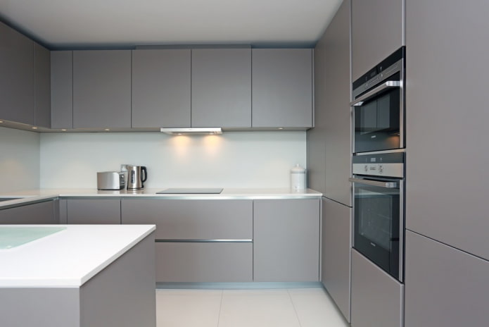 pilkos ir baltos spalvos virtuvės interjeras