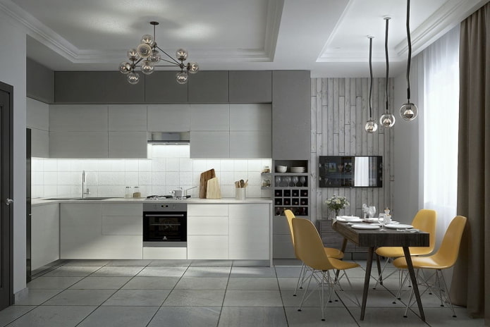 møbler og apparater i det indre af køkkenet i grå nuancer