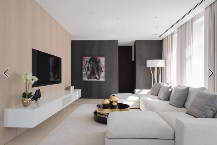 výzdoba a osvětlení v obývacím pokoji v minimalistickém stylu