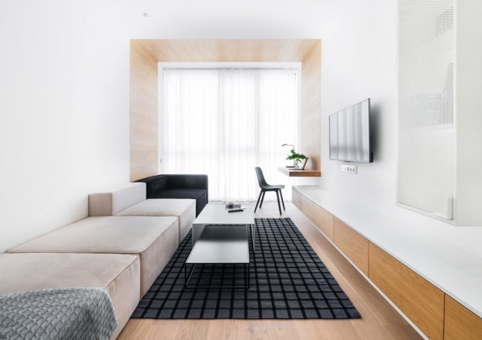 textilie v obývacím pokoji v minimalistickém stylu
