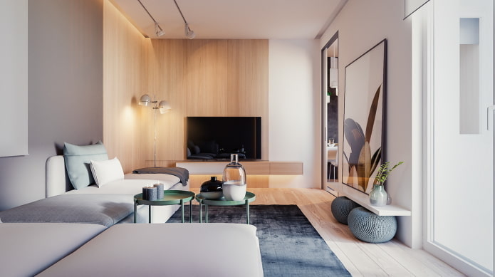 výzdoba a osvetlenie v obývacej izbe v minimalistickom štýle