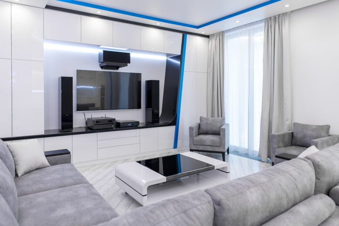 obývací pokoj v bílých tónech ve stylu high-tech