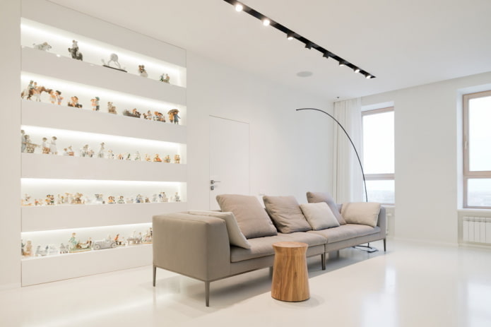 ruang tamu berwarna putih dengan gaya minimalis