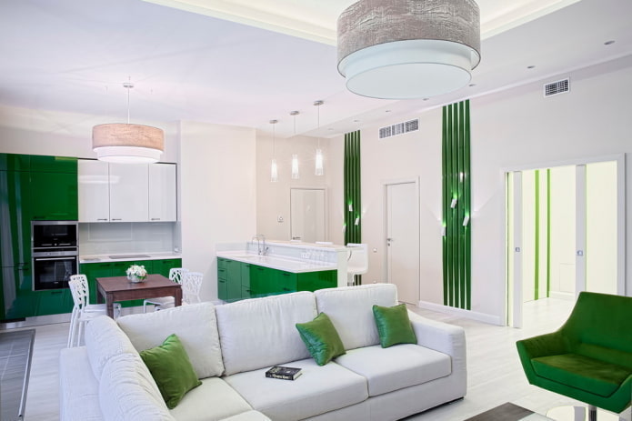 interiér obývacej izby v bielej a zelenej farbe