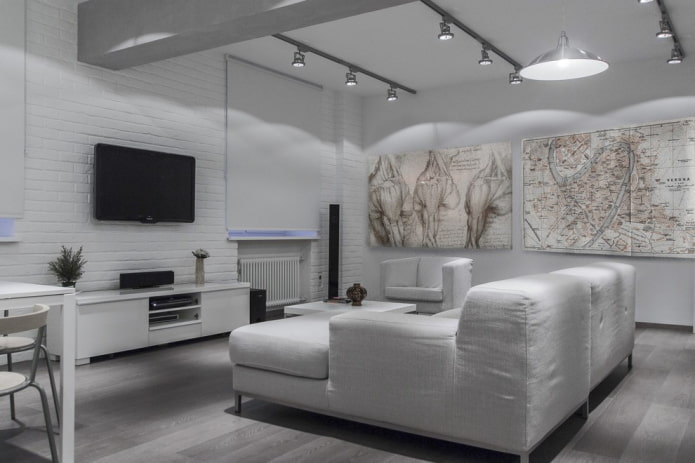 výzdoba a osvětlení v obývacím pokoji v bílé barvě