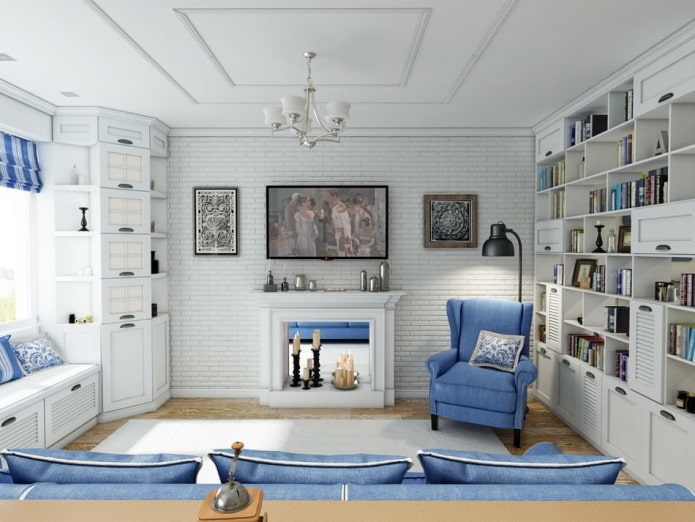 sala de estar en colores blancos en estilo provenzal