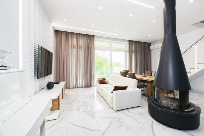 interior design del soggiorno nei colori bianchi