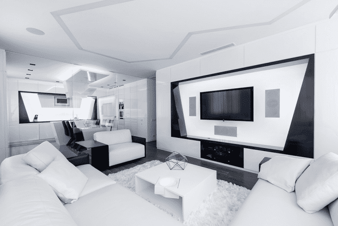 olohuone valkoisilla sävyillä korkean teknologian tyyliin