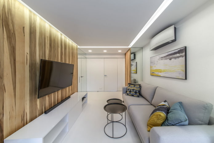 dizajn interiéru obývacej izby v bielych farbách