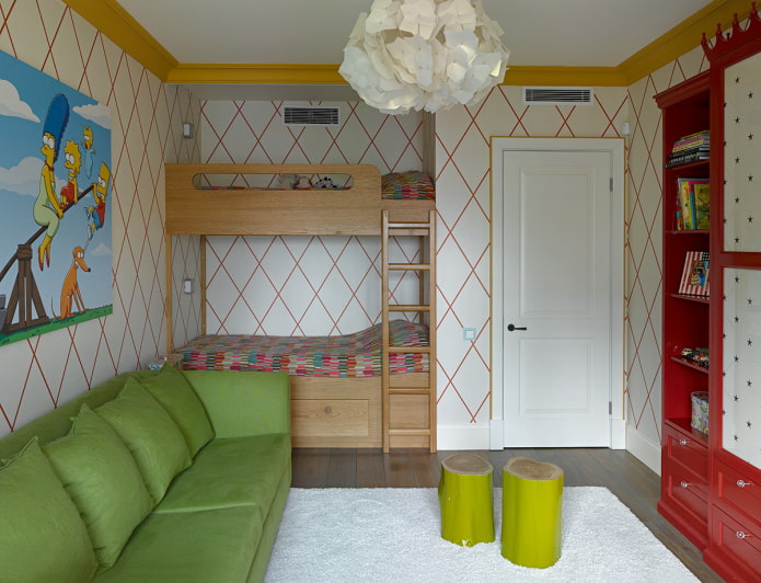 интериор на малка всекидневна, комбинирана с детска стая