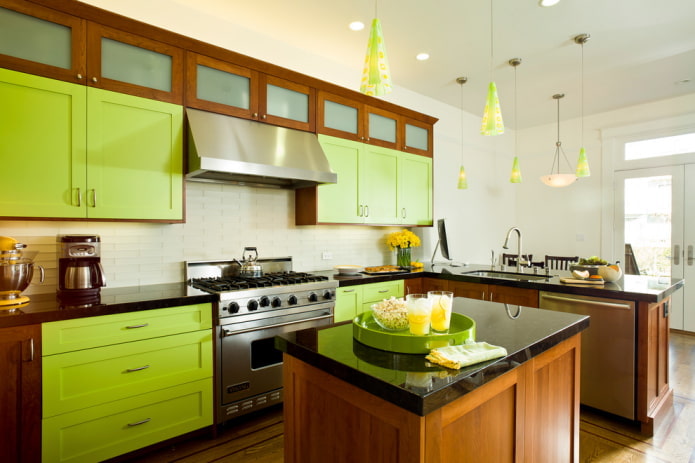 кухненски интериор в зелено-кафяви тонове
