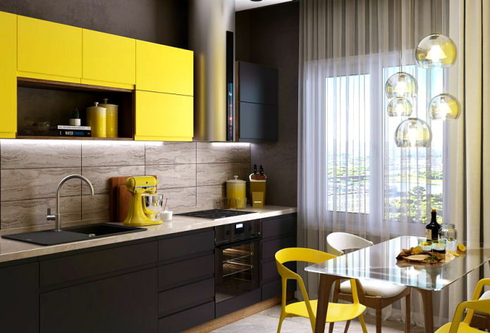 keittiön sisustus mustalla ja keltaisella värillä