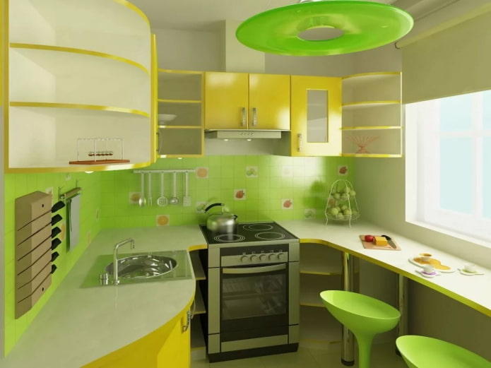 εσωτερικό της κουζίνας σε κίτρινες-πράσινες αποχρώσεις