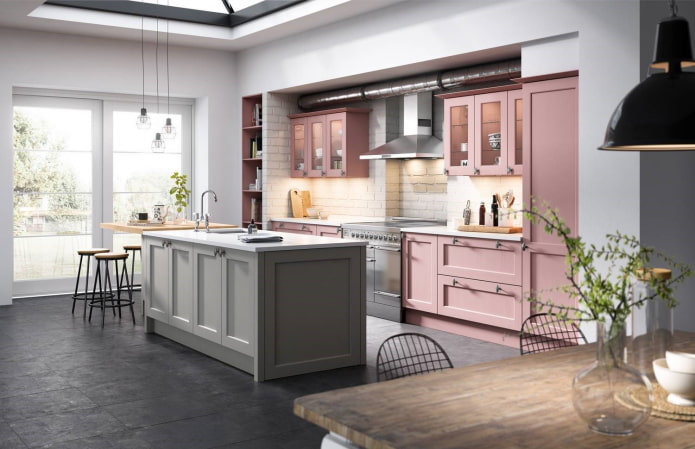 wnętrze kuchni w odcieniach szaro-różowych