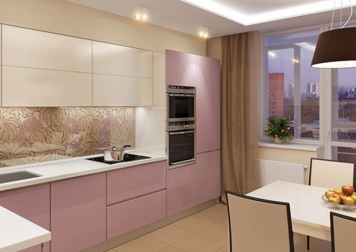 interior bucatarie in culori bej si roz