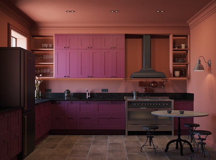rožinės ir alyvinės spalvos virtuvės interjeras