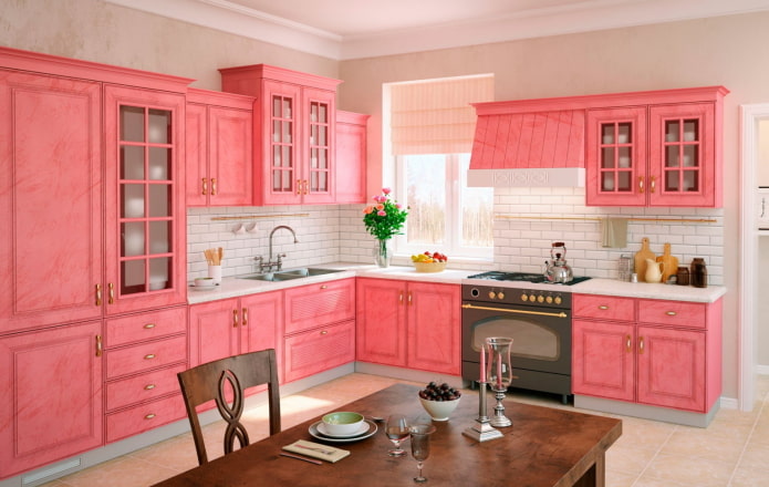 nội thất nhà bếp màu hồng theo phong cách Provence