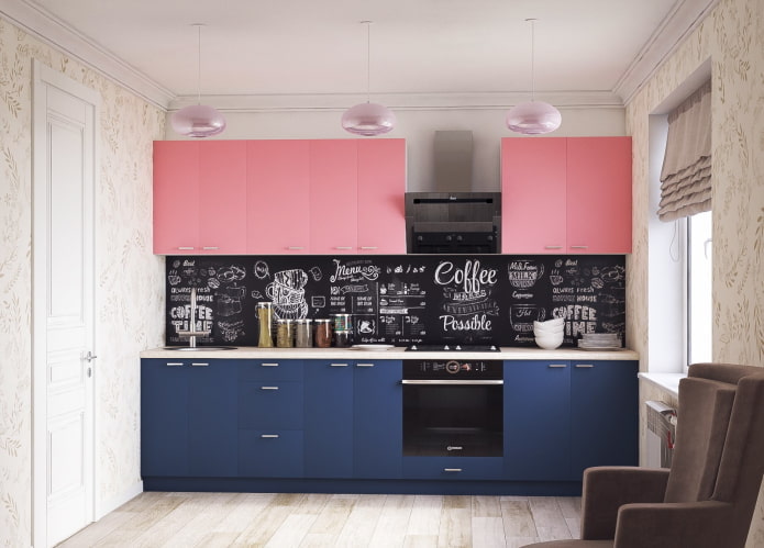 nội thất nhà bếp với tông màu hồng và xanh