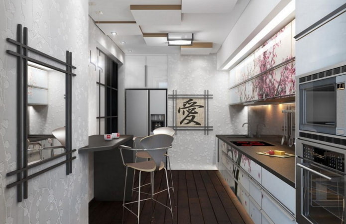 japoniško stiliaus virtuvės interjeras