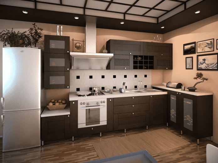 pencahayaan dan hiasan di bahagian dalam dapur dengan gaya Jepun